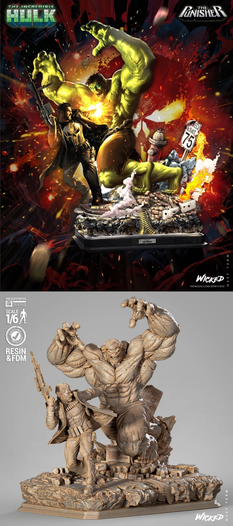 Hulk vs Punisher Diorama STL model for 3D printing
