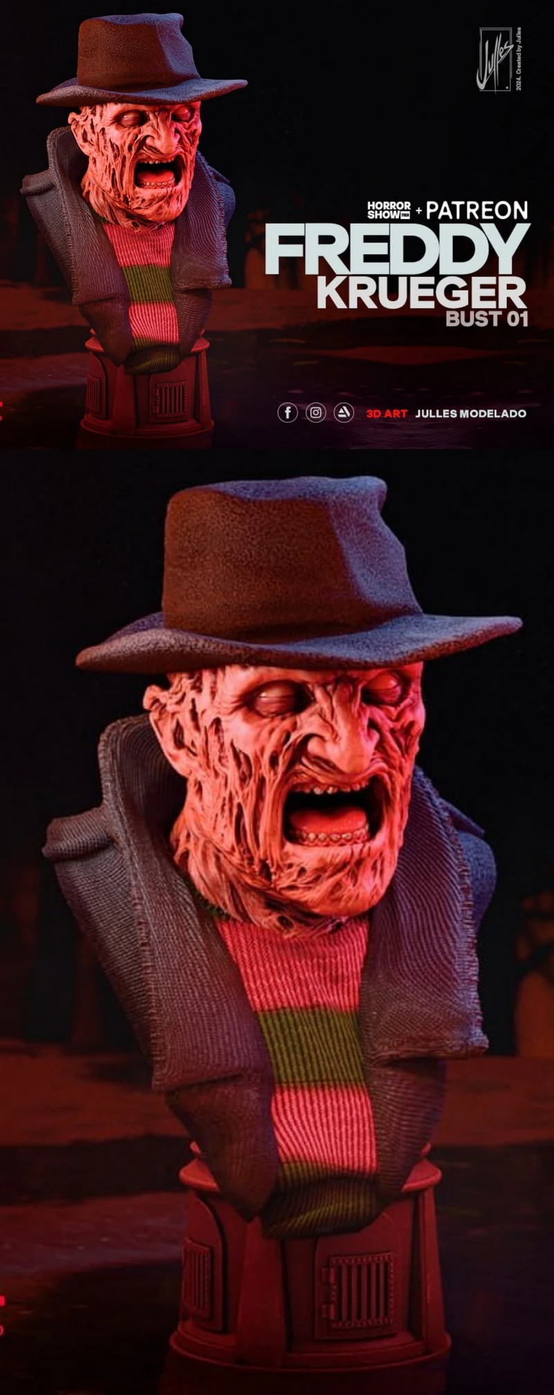 Freddy Krueger Bust STL model for 3D printing