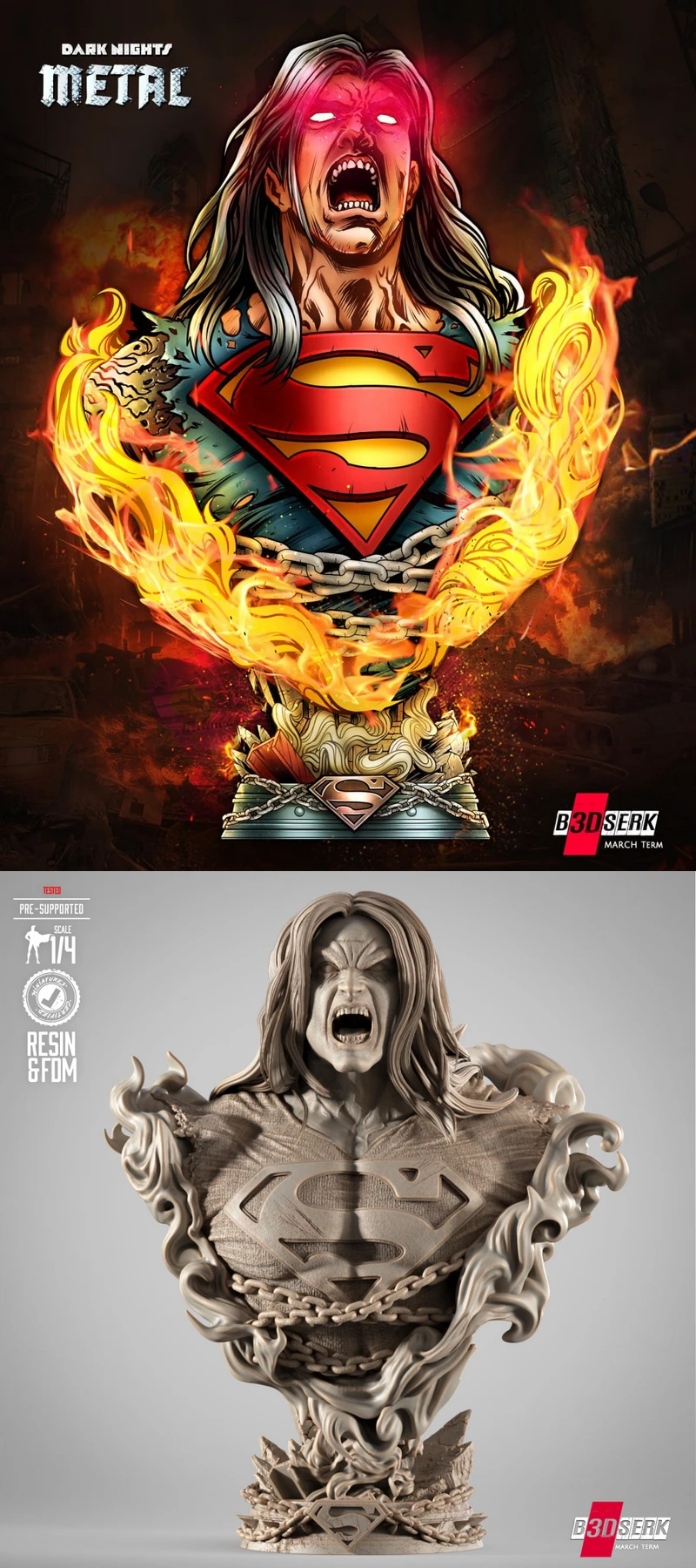 Superman Long Hair Dark Nights Portrait Bust STL model for 3D printing