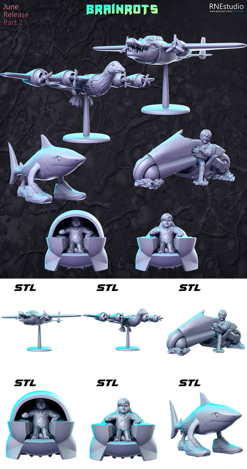 Brainrots Collection – Bombardiro, Bombombini, Kaneda, Masaru and Tralalero STL model for 3D printing