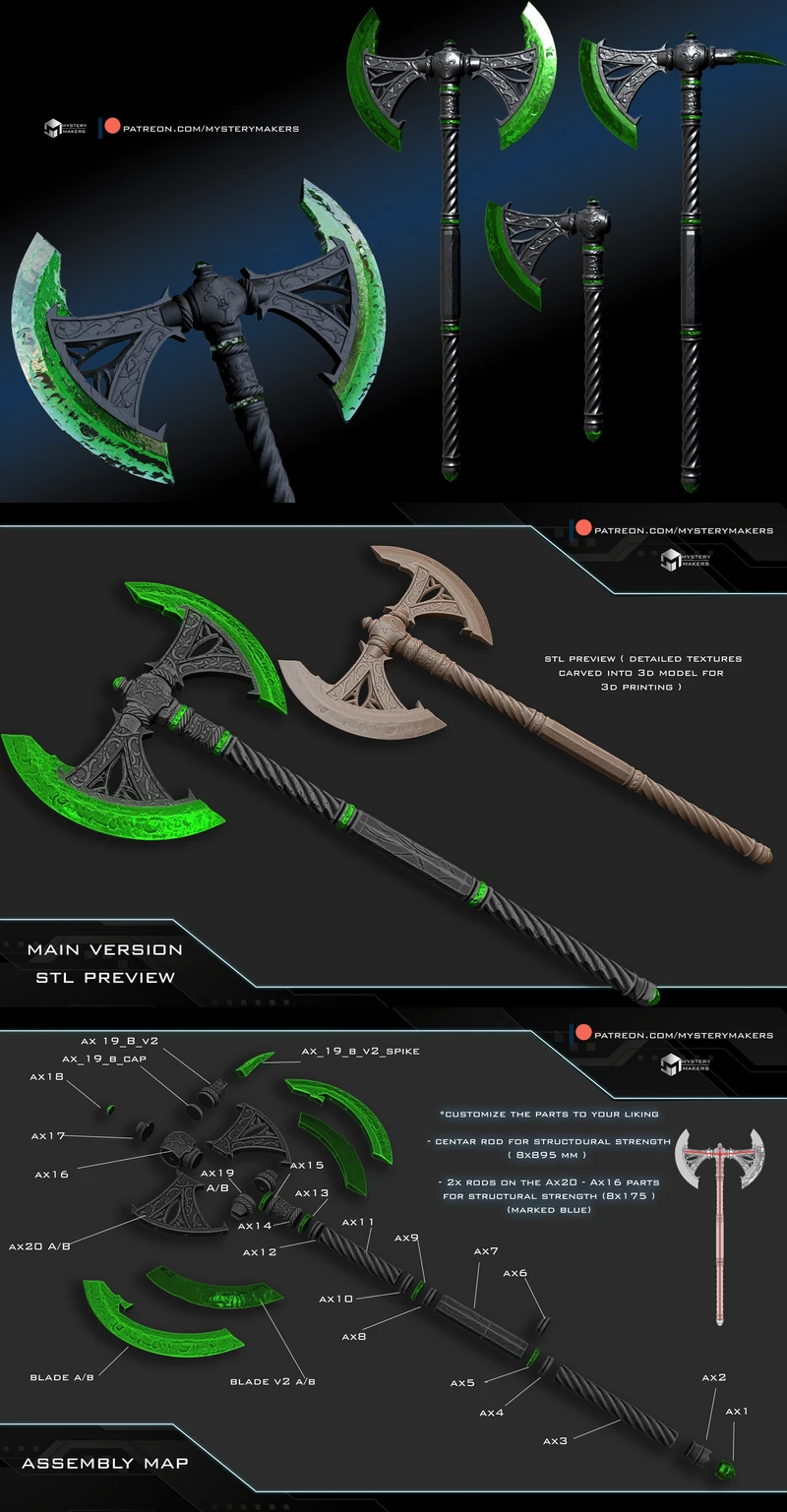 Daedric Glass Axe – Fantasy Weapon STL Model for 3D Printing (Miniature/Massive) STL model for 3D printing