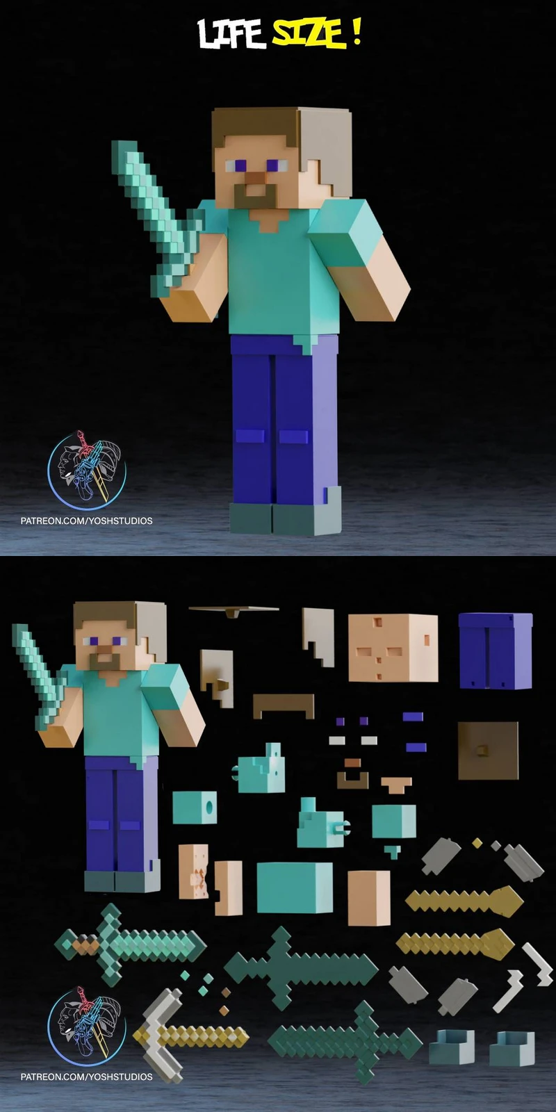 Life Size Steve Minecraft STL model for 3D printing