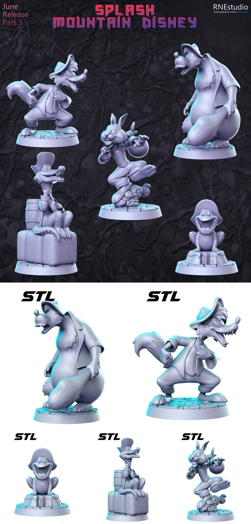 Splash Mountain Animal Characters – Brer Bear, Fox, Frog, Gator and Rabbit STL model for 3D printing