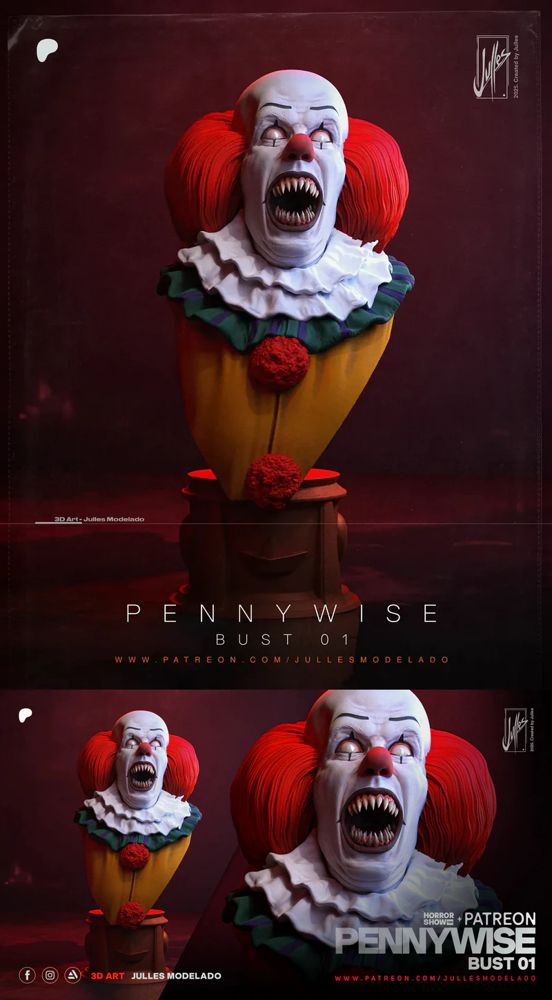 Pennywise 1990 bust STL model for 3D printing